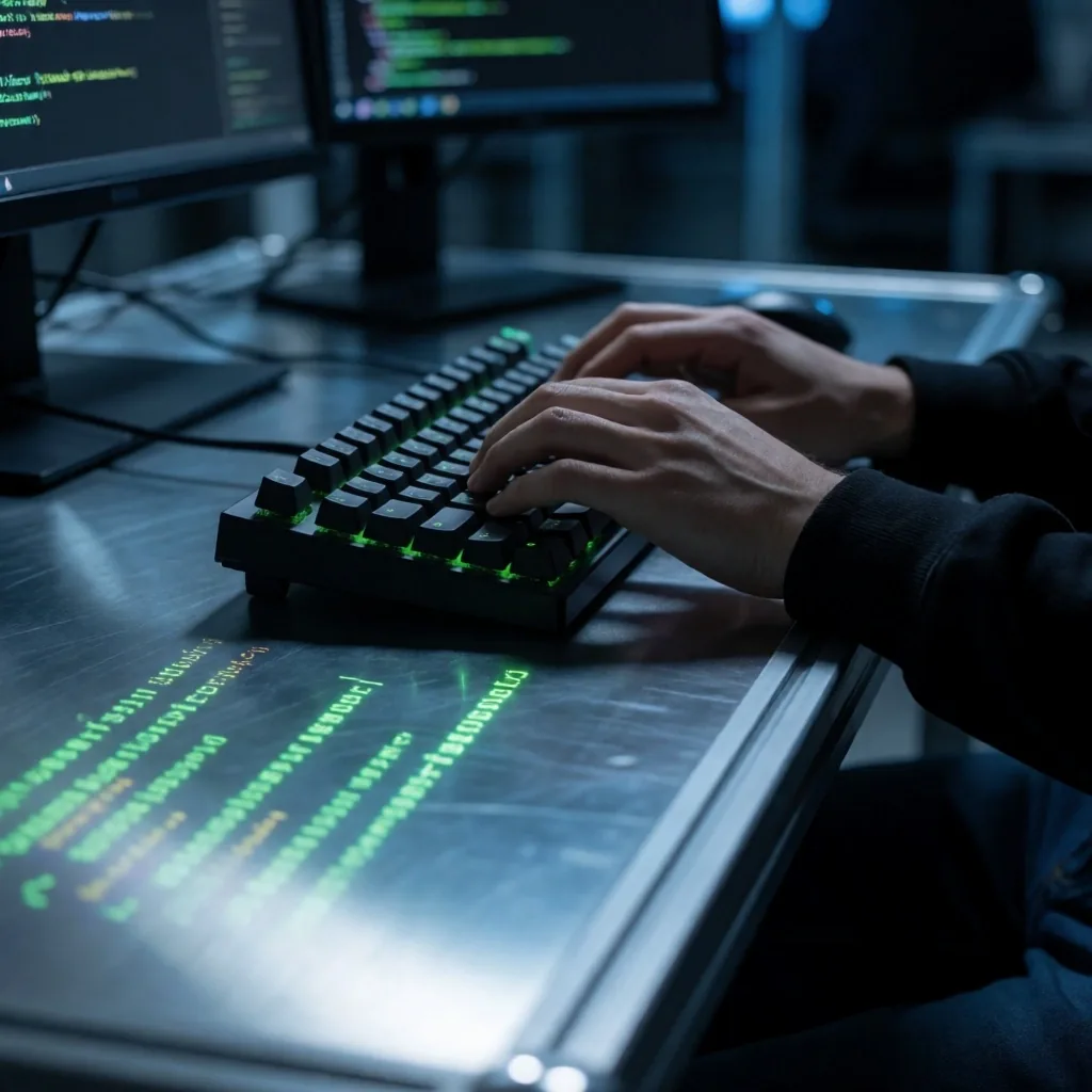 Estación de trabajo con teclado mecánico en un taller de ciberseguridad
