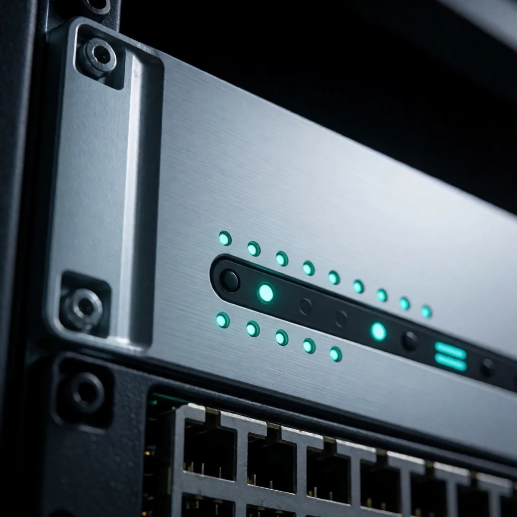 Interior de rack de servidores con iluminación teal en un centro de datos