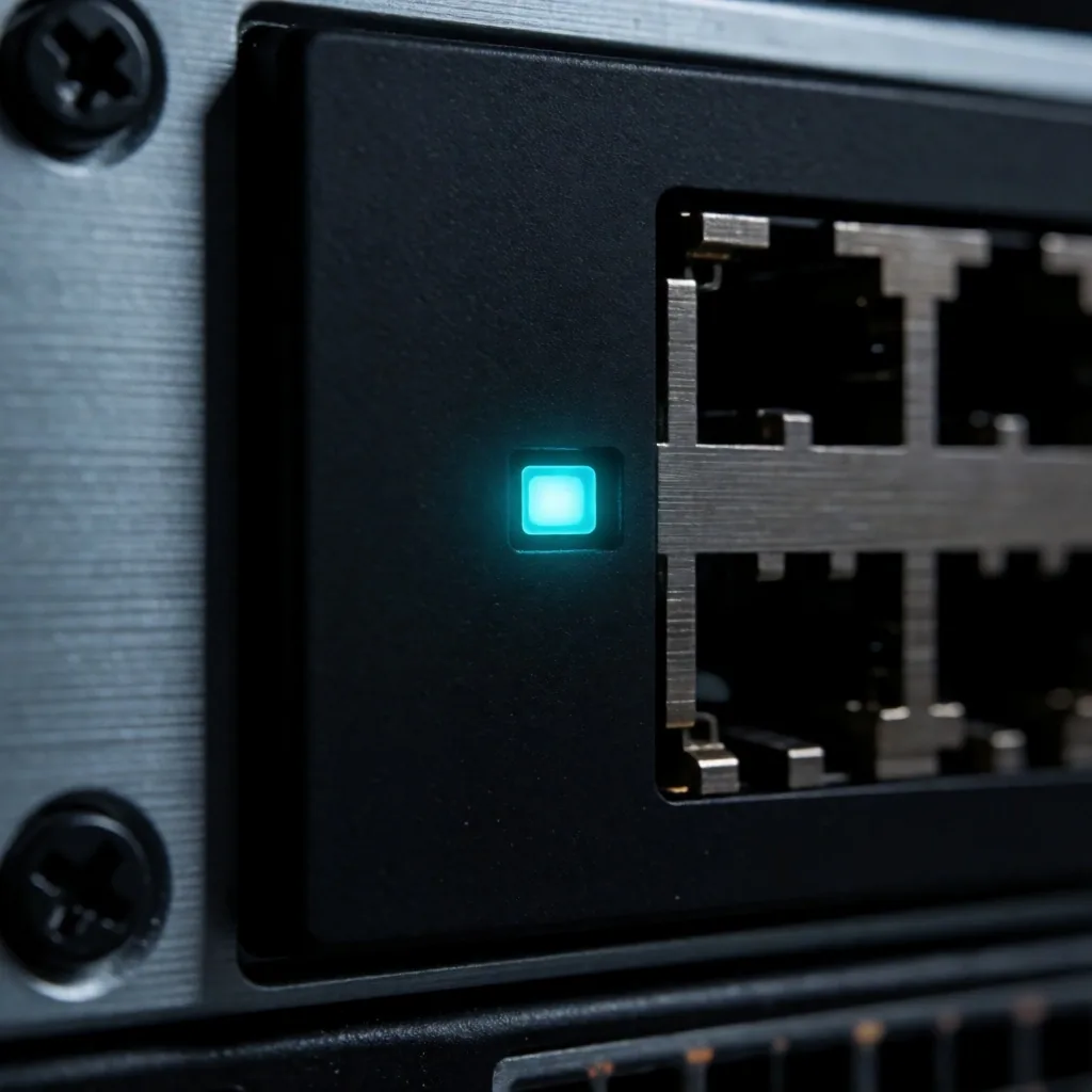 Interior de rack de servidores con iluminación teal