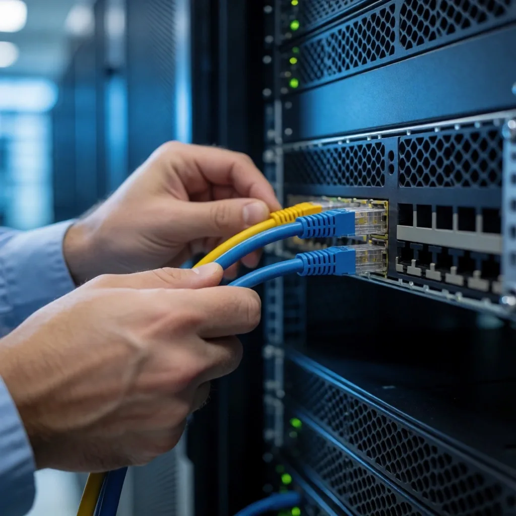 Profesional configurando un firewall de red en un entorno de laboratorio