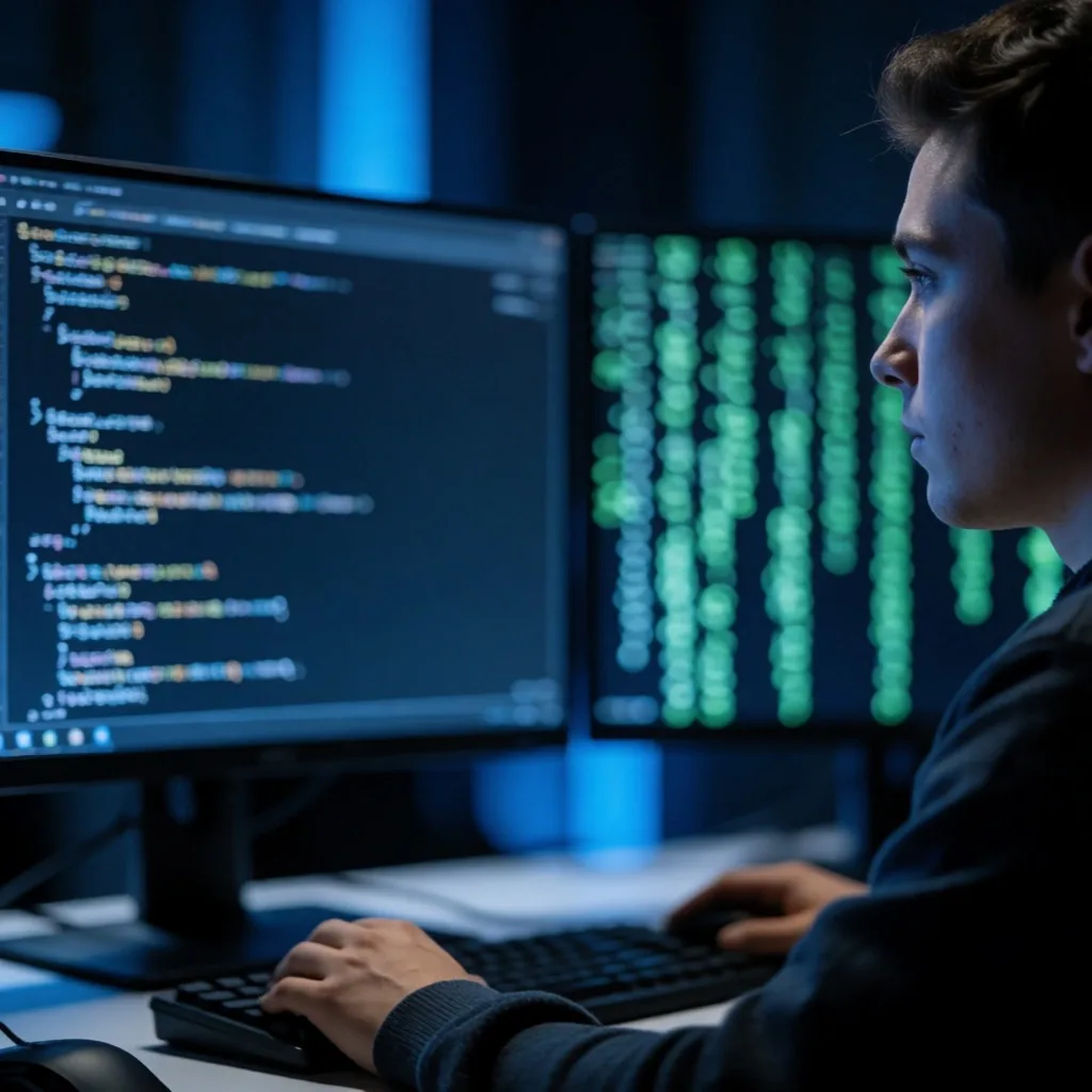 Sesión de entrenamiento en ciberseguridad con monitores y terminal de comandos