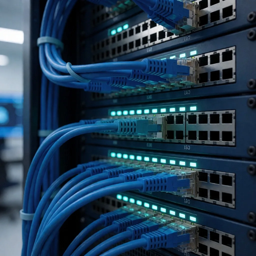Infraestructura de red aislada con cables y switches en un laboratorio