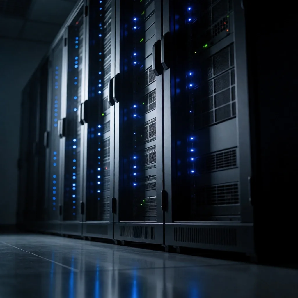 Rack de servidores en un laboratorio de ciberseguridad con iluminación teal fría