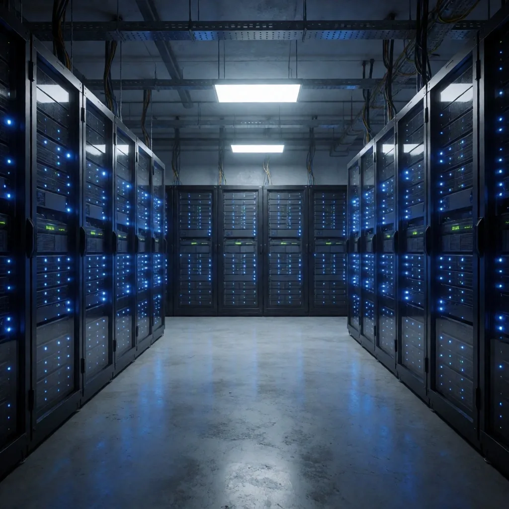 Interior de rack de servidores con iluminación azul fría