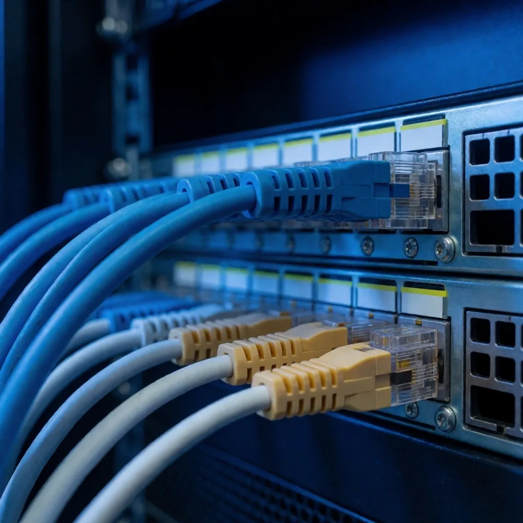 Cables de red conectados a un switch en sala de servidores