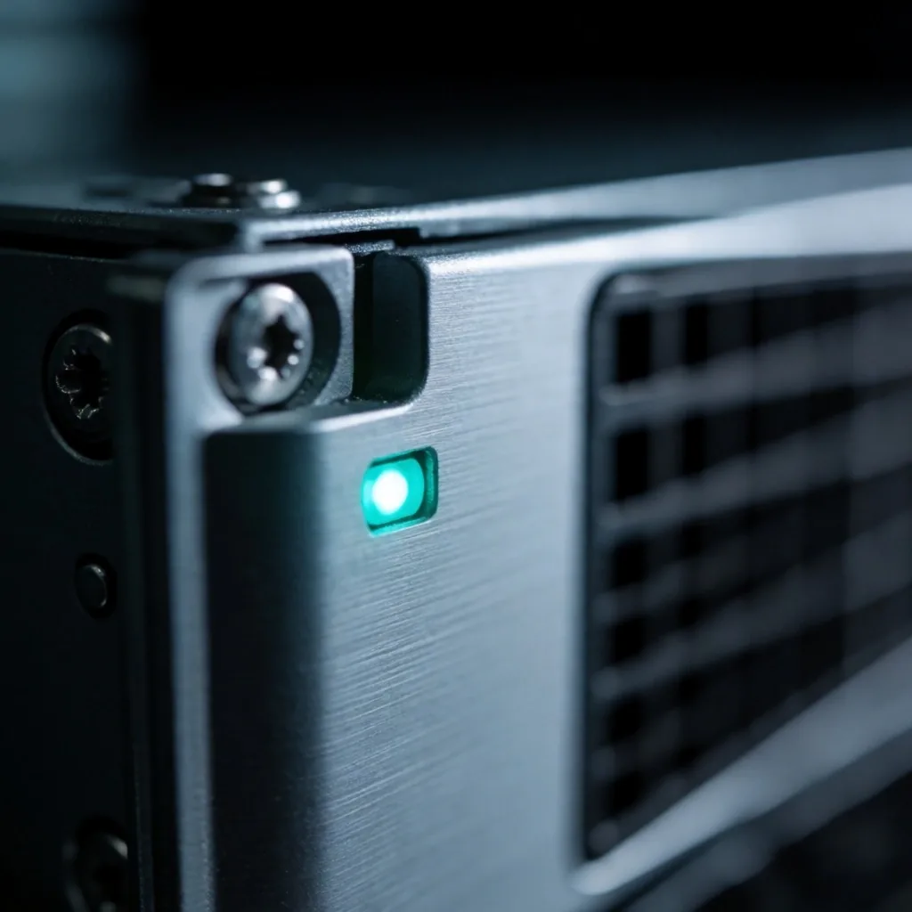 Interior de rack de servidores con iluminación azul fría