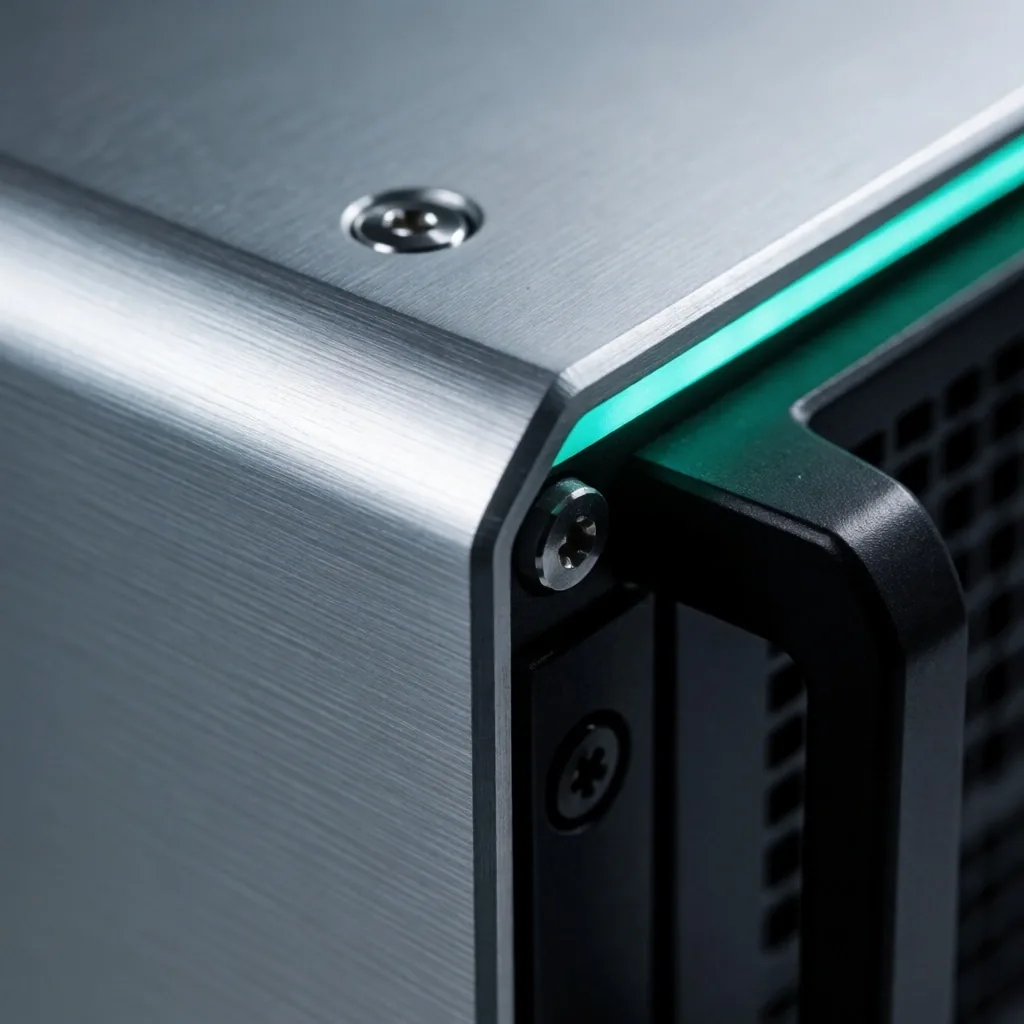 Panel de servidor de aluminio cepillado con iluminación teal